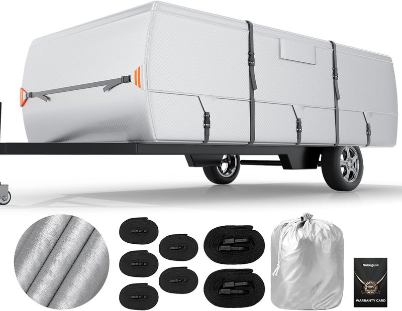Nukugula Oxford Fabric Pop Up Folding Camper Cover 10'-12' Super Waterproof Tear-Resistant Anti-UV Tent Trailer Cover for Winter Snow with Reinforced Corners, 5+2 Windproof Straps, Storage Bag - Image 1